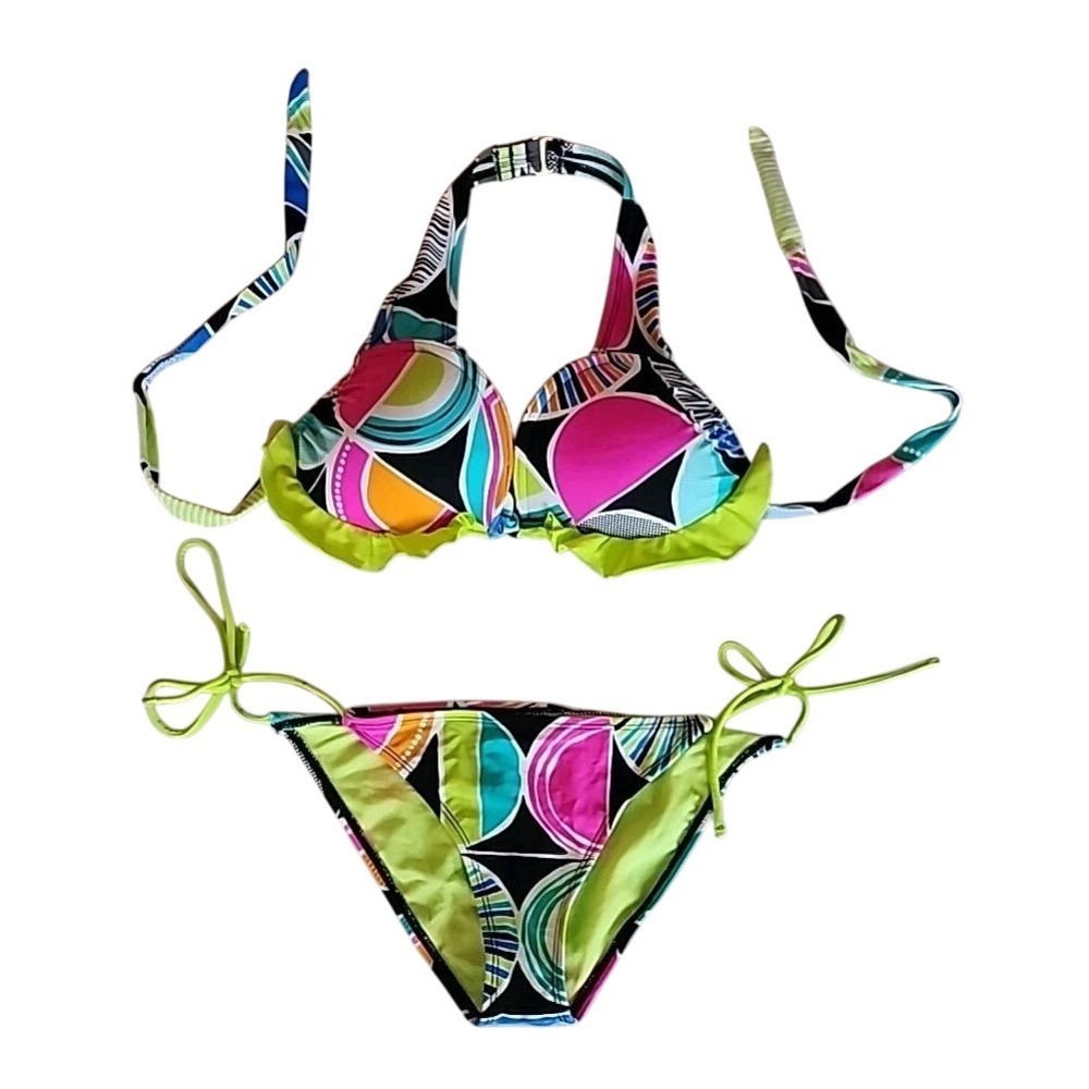 Island Soul Bikini Size Small Playful Ruffle Vibrant Geo Padded 2 Piece Swimsuit